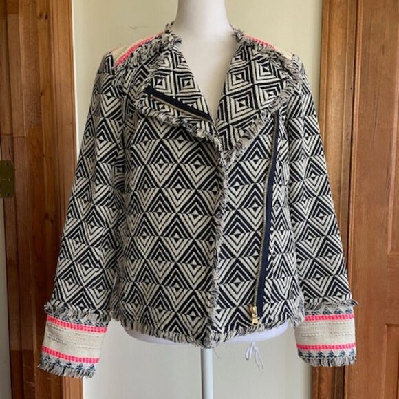 TRINA TURK Tia Rent The Runway Navy White Fringe Bomber Jacket Blazer 2 - Picture 3 of 16